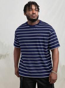 EASEVO Men Plus Striped Print Patched Detail Tee - Navy Blue - View 4