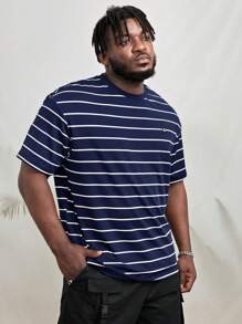 EASEVO Men Plus Striped Print Patched Detail Tee - Navy Blue - View 5