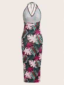 SHEIN VCAY Đầm Lộ Lưng Dây kéo Thắt nút Xù Buộc lại Tách cao Nhiệt đới Boho - Nhiều màu - Xem 2