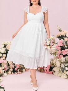 SHEIN Belle Plus Ruffle Trim Ruffle Hem Swiss Dot Wedding Dress - White - View 1