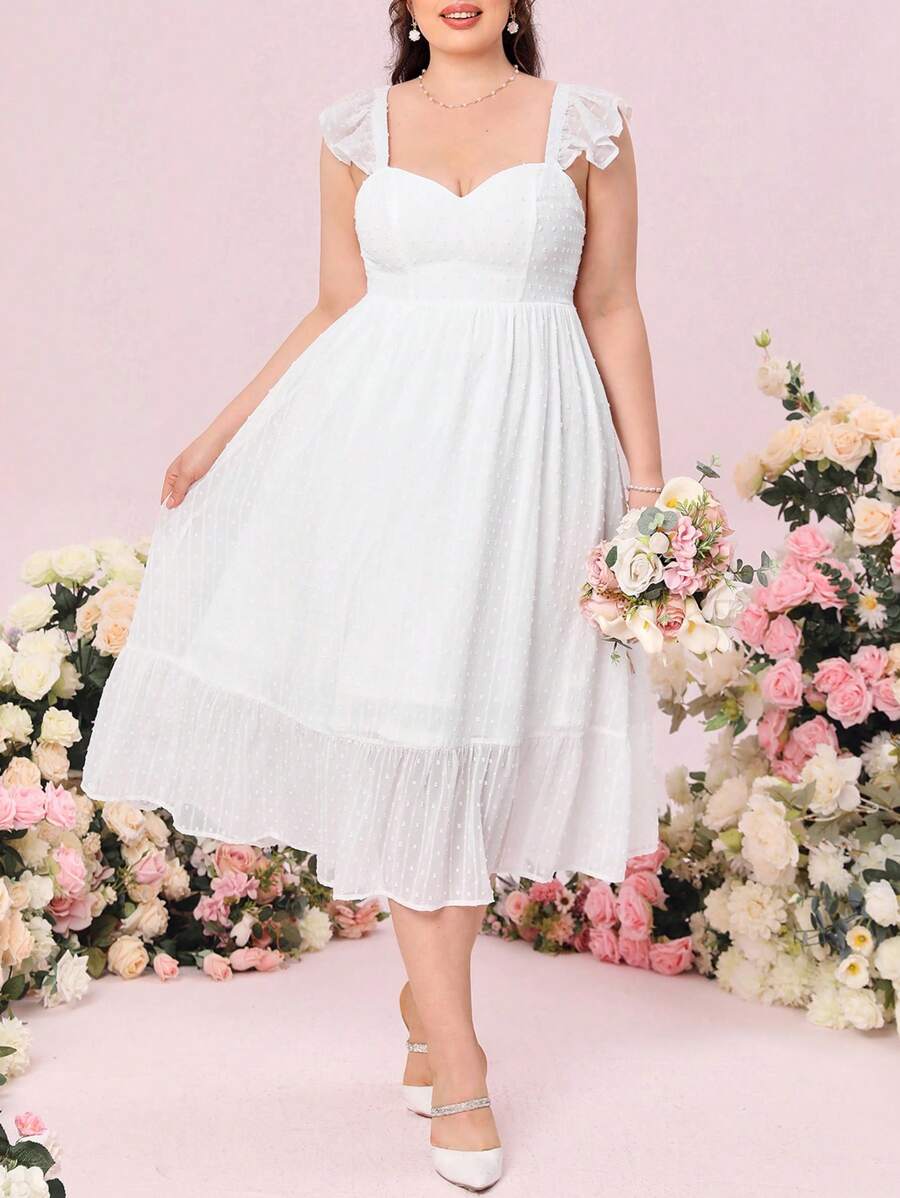 SHEIN Belle Plus Ruffle Trim Ruffle Hem Swiss Dot Wedding Dress - White - View 1
