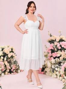SHEIN Belle Plus Ruffle Trim Ruffle Hem Swiss Dot Wedding Dress - White - View 3
