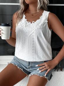 SHEIN LUNE Plus Guipure Lace Panel Schiffy Tank Top - White - View 7