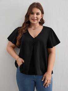 SHEIN Frenchy Plus Solid Butterfly Sleeve Blouse - Black - View 1