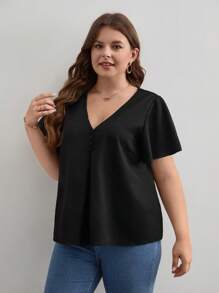 SHEIN Frenchy Plus Solid Butterfly Sleeve Blouse - Black - View 3