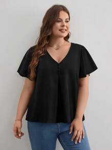 SHEIN Frenchy Plus Solid Butterfly Sleeve Blouse - Black - View 4