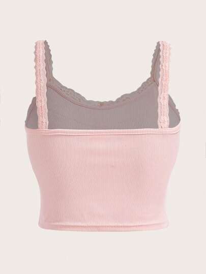 Top De Tirantes Con Encaje Y Contraste Para Mujeres Plus Size