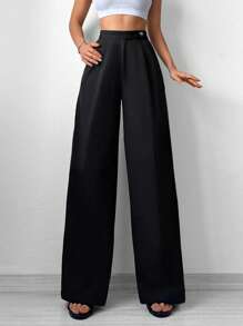 EURMUSE Solid Wide Leg Suit Trousers - Black - View 1