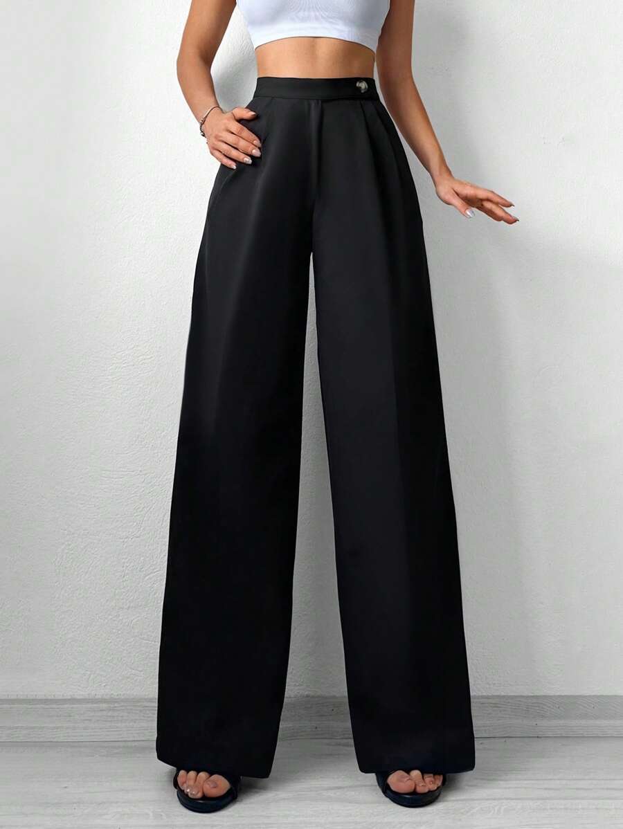 EURMUSE Solid Wide Leg Suit Trousers - Black - View 1