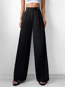 EURMUSE Solid Wide Leg Suit Trousers - Black - View 3