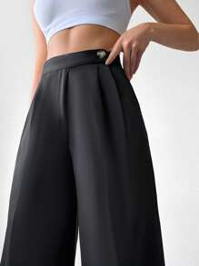 EURMUSE Solid Wide Leg Suit Trousers - Black - View 5