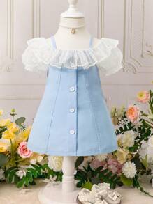 Baby Contrast Lace Ruffle Trim Button Front Cold Shoulder Dress - Blue - View 1