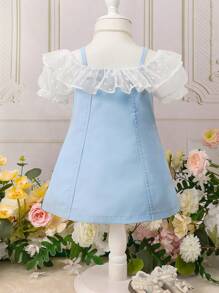 Baby Contrast Lace Ruffle Trim Button Front Cold Shoulder Dress - Blue - View 2