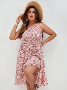 SHEIN VCAY Plus Ditsy Floral Print Ruffle Hem Belted Halter Dress - Baby Pink - View 3