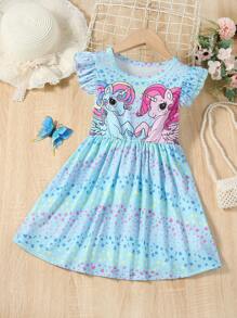 SHEIN Cô gái trẻ màu xanh hoạt hình in hình trái tim Váy phong cách đường phố giản dị với đường viền cổ tròn và tay áo xù cho mùa hè - Màu xanh lam - Xem 1