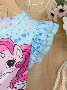 SHEIN Cô gái trẻ màu xanh hoạt hình in hình trái tim Váy phong cách đường phố giản dị với đường viền cổ tròn và tay áo xù cho mùa hè - Màu xanh lam - Xem 3