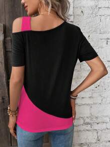 EMERY ROSE Two Tone Asymmetrical Neck Tee Graphic Tees Women Tops - Hot Pink - View 2