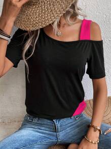 EMERY ROSE Two Tone Asymmetrical Neck Tee Graphic Tees Women Tops - Hot Pink - View 6