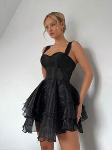 SHEIN BAE 素色層疊下擺吊帶連衣裙 - 黑色 - 查看 3