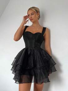 SHEIN BAE 素色層疊下擺吊帶連衣裙 - 黑色 - 查看 4