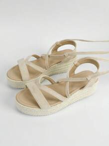 Dép đi biển màu be dành cho nữ, Thiết kế buộc chân Faux Suede Espadrille Wedge Sandals - Màu be - Xem 2