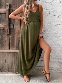 SHEIN 孕婦素色吊帶連衣裙 - 軍綠色 - 查看 3