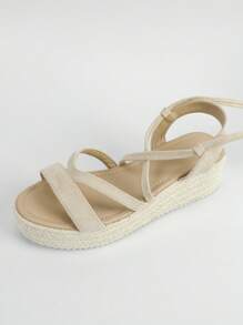 Dép đi biển màu be dành cho nữ, Thiết kế buộc chân Faux Suede Espadrille Wedge Sandals - Màu be - Xem 3