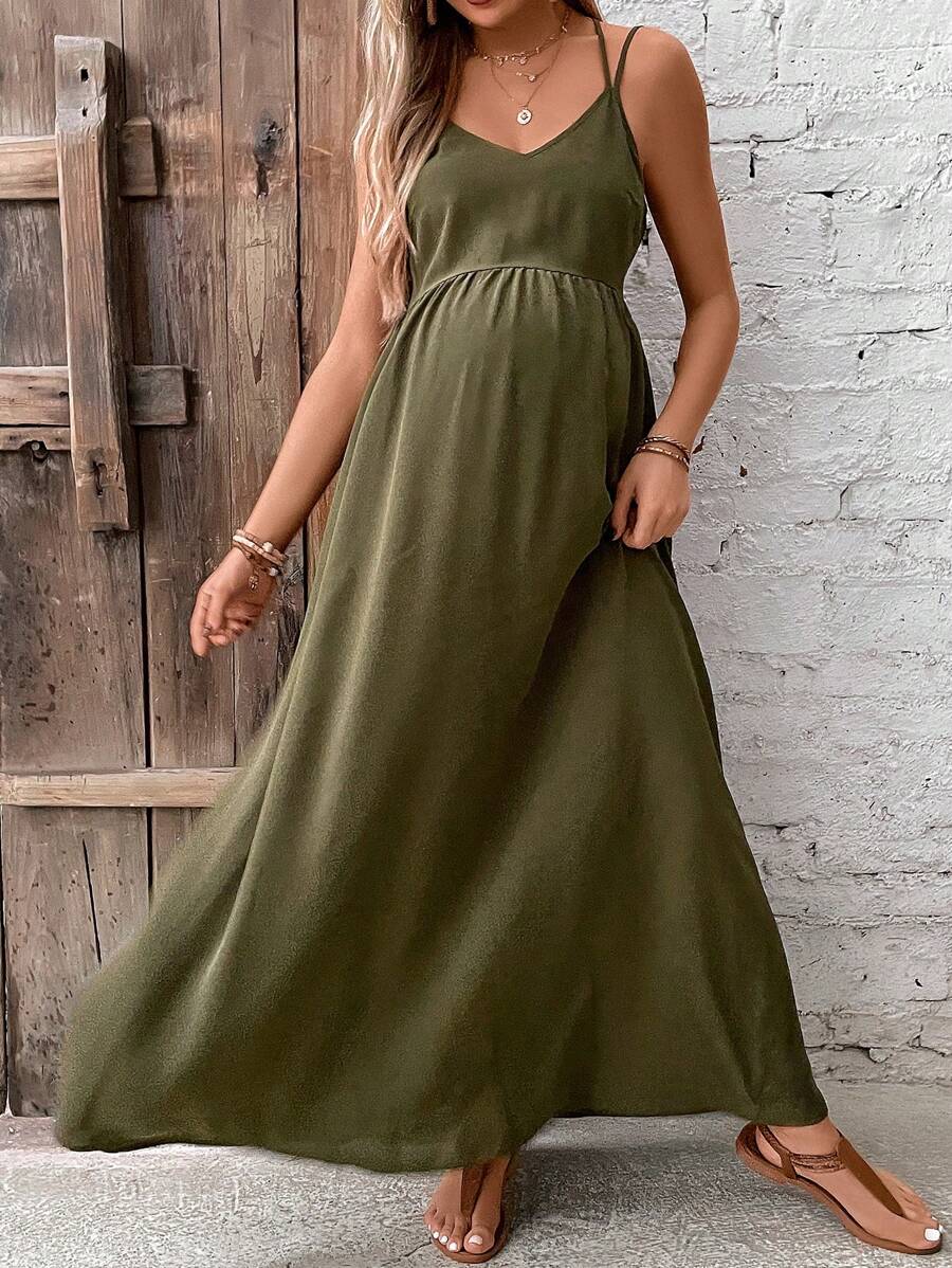 SHEIN 孕婦素色吊帶連衣裙 - 軍綠色 - 查看 1