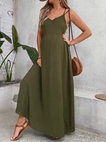 SHEIN 孕婦素色吊帶連衣裙 - 軍綠色 - 查看 4