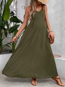 SHEIN 孕婦素色吊帶連衣裙 - 軍綠色 - 查看 5
