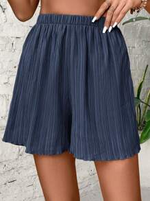 SHEIN VCAY Solid Elastic Waist Wide Leg Shorts - Navy Blue - View 1