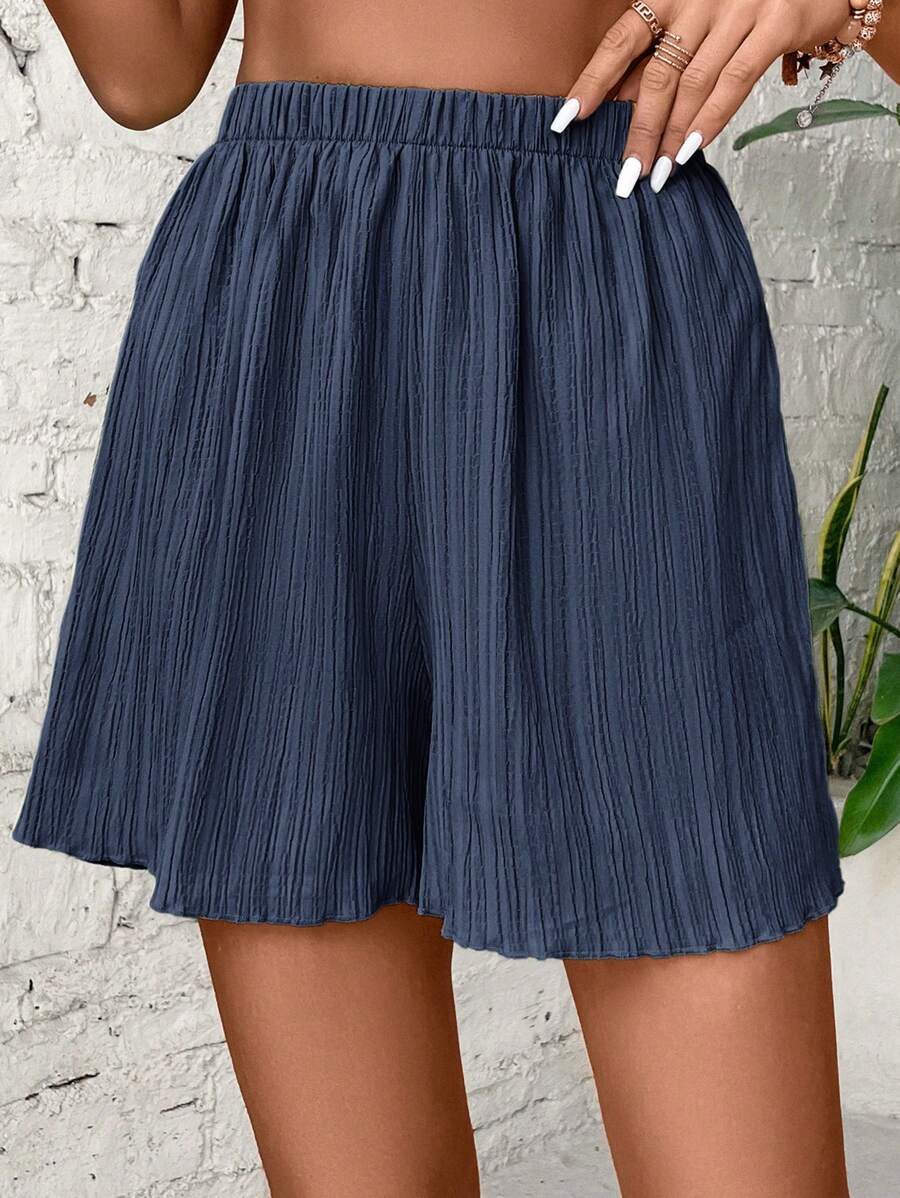 SHEIN VCAY Solid Elastic Waist Wide Leg Shorts - Navy Blue - View 1