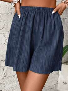 SHEIN VCAY Solid Elastic Waist Wide Leg Shorts - Navy Blue - View 3