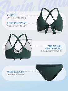 SHEIN Swim Curve Plus Size Knot Front Halter Bikini Set Summer Beach - Dark Green - View 3