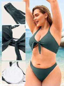 SHEIN Swim Curve Plus Size Knot Front Halter Bikini Set Summer Beach - Dark Green - View 5
