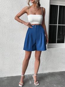 SHEIN Privé 高腰拼接細節闊腿短褲 - 霧霾藍 - 查看 6