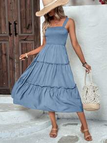 SHEIN Clasi Shirred Bodice Ruffle Hem Cami Dress - Dusty Blue - View 3