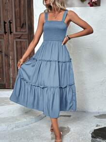 SHEIN Clasi Shirred Bodice Ruffle Hem Cami Dress - Dusty Blue - View 5