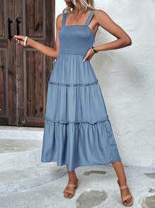 SHEIN Clasi Shirred Bodice Ruffle Hem Cami Dress - Dusty Blue - View 6