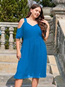 Celure Plus Cold Shoulder Dress - Dusty Blue - View 3