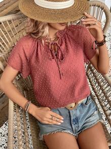 SHEIN LUNE Swiss Dot Tie Neck Raglan Sleeve Blouse - Redwood - View 1