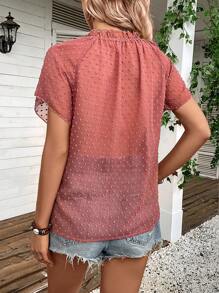 SHEIN LUNE Swiss Dot Tie Neck Raglan Sleeve Blouse - Redwood - View 2