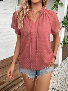 SHEIN LUNE Swiss Dot Tie Neck Raglan Sleeve Blouse - Redwood - View 5