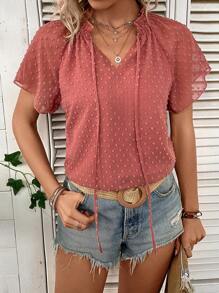 SHEIN LUNE Swiss Dot Tie Neck Raglan Sleeve Blouse - Redwood - View 6