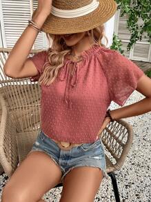 SHEIN LUNE Swiss Dot Tie Neck Raglan Sleeve Blouse - Redwood - View 7