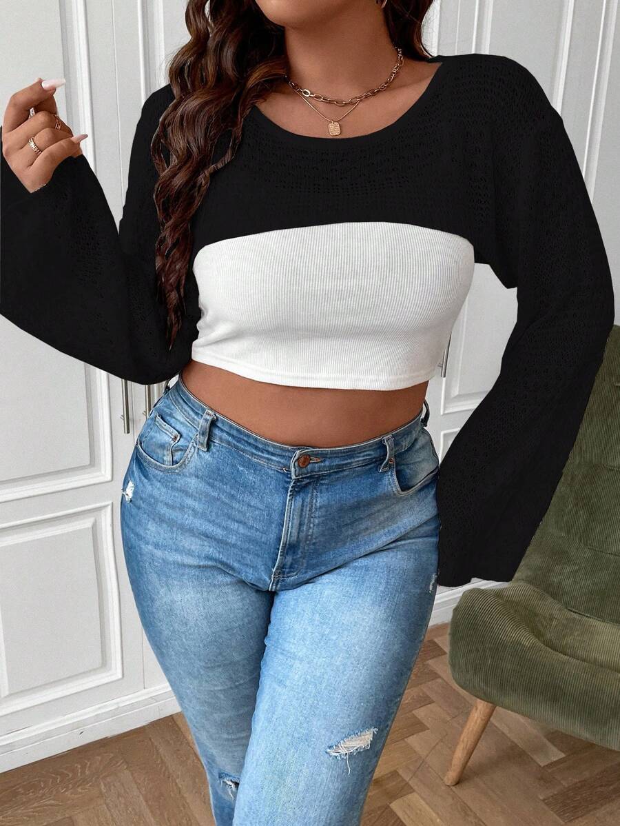 Calvaya 大碼落肩袖超短版套頭毛衣不附吊帶上衣 - 黑色 - 查看 1