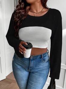 Calvaya 大碼落肩袖超短版套頭毛衣不附吊帶上衣 - 黑色 - 查看 3