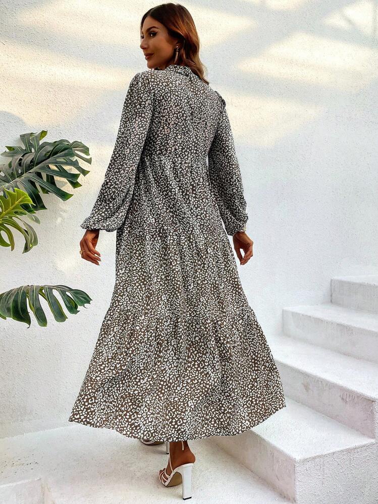 SHEIN VCAY Vestido smock con estampado de leopardo de manga farol bajo con fruncido - Café integral - Añade 2