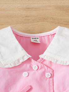 SHEIN 嬰兒拼接領雙排釦前蝴蝶結泡泡袖洋裝 - 淺粉色 - 查看 3