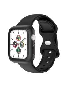 3 In 1 Silicone Watchband & Case & Screen Protection Tempered Film Set Compatible With Apple Watch - Black - View 1